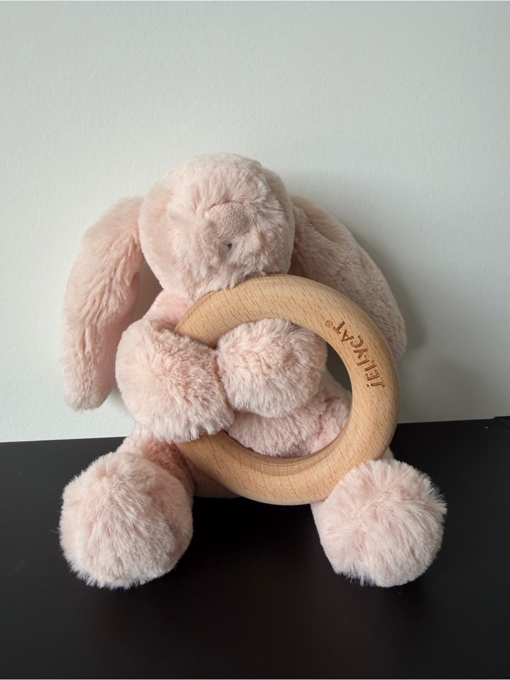 BNWOT Jellycat Shooshu Blush Bunny with Wooden Ring